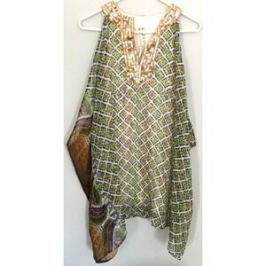 FP One Boho Sequin Vneck Tunic Shirt Womens S Green Paisley Sheer Asym Hem Flowy